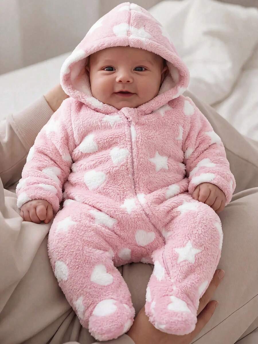 SHEIN Newborn Baby Cute Fluffy Zipper Hooded Autumn Winter Romper - Pink - View 1