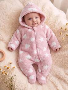 SHEIN Newborn Baby Cute Fluffy Zipper Hooded Autumn Winter Romper - Pink - View 5