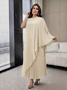 Modelyn Plus Size Women's Faux Pearl Decor Long Top And Pleated Skirt Casual Daily 2-Piece Set - Apricot - View 9