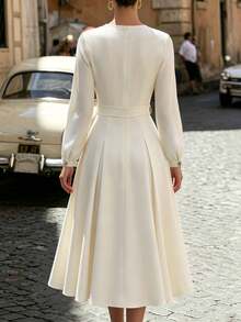 Balvessa Solid Color Metal Button Waist Wrap Elegant Women's Long Dress - Beige - View 2