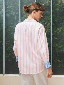 INAWLY Kemeja Lengan Panjang Wanita Kasual Motif Garis-garis dengan Saku, Cocok untuk Kerja, Perjalanan, Liburan, Musim Semi/Gugur - Aprikot - View 2