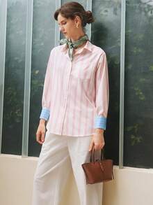 INAWLY Kemeja Lengan Panjang Wanita Kasual Motif Garis-garis dengan Saku, Cocok untuk Kerja, Perjalanan, Liburan, Musim Semi/Gugur - Aprikot - View 4