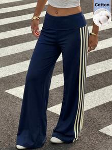 Muchica 女款海軍藍棉混紡直筒針織長褲，附織帶拼接與印花，適合休閒外出、街頭風與Y2K風格 - 寶藍色 - 查看 3