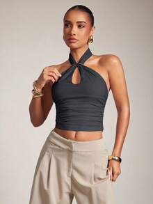 Hauture Women's Sexy Solid Color Halter Metal Stylish Backless Top For Office, Casual Style - Royal Blue - View 5