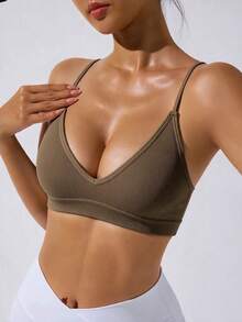 Slayform Slayform Women's Olive Green Seamless Cleavage Sports Sporty Athleisure Tank Top Gym Summer - Brown - View 2