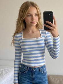 SHEIN 兒童青少年女孩休閒復古藍白條紋方領長袖上衣 T-shirt，適合秋季日常與校園穿著 - 藍白色 - 查看 8