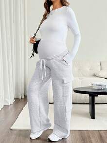 SHEIN Maternity Casual Versatile Adjustable Waistband Cargo Sweatpants With Pockets - Light Grey - View 3