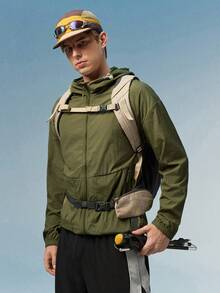 Caldwick Men's Solid Color Lightweight Jacket, Outdoor Sports Sunscreen Long Sleeve Running Fitness Sunscreen Coat, Summer, Breathable - Army Green - View 6