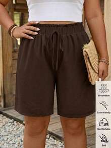 Comfylo Plus Size Solid Color Drawstring Waist Ruched Casual Versatile Daily Shorts - Brown - View 3