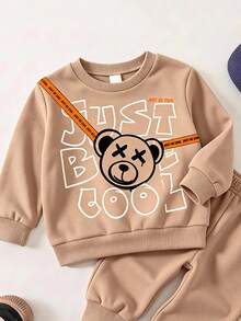 Young Boy Letter Cartoon Bear Print Casual Long Sleeve Crew Neck Sweatshirt - White - View 4