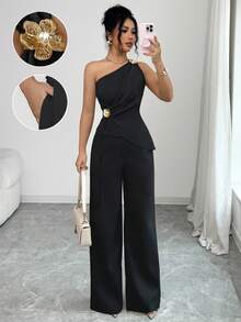 SHEIN Raffinéa 2件組女款不對稱單肩無袖上衣與裙子套裝，黑色夏季優雅風，適合日場派對、夜晚外出、酒吧派對 - 黑色 - 查看 3