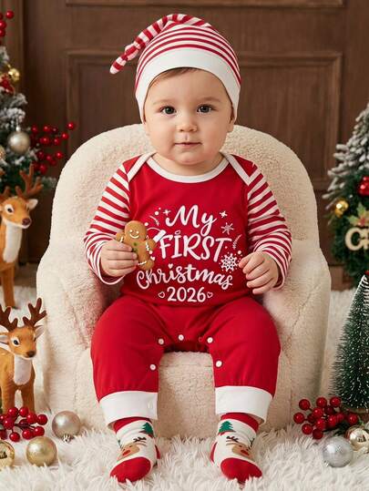 SHEIN Christmas Edition Baby & Toddler Boys Round Neck Letter Print Striped Patchwork Long Sleeve Open Crotch Bodysuit, Specially Designed, Perfect For Outdoor Wear