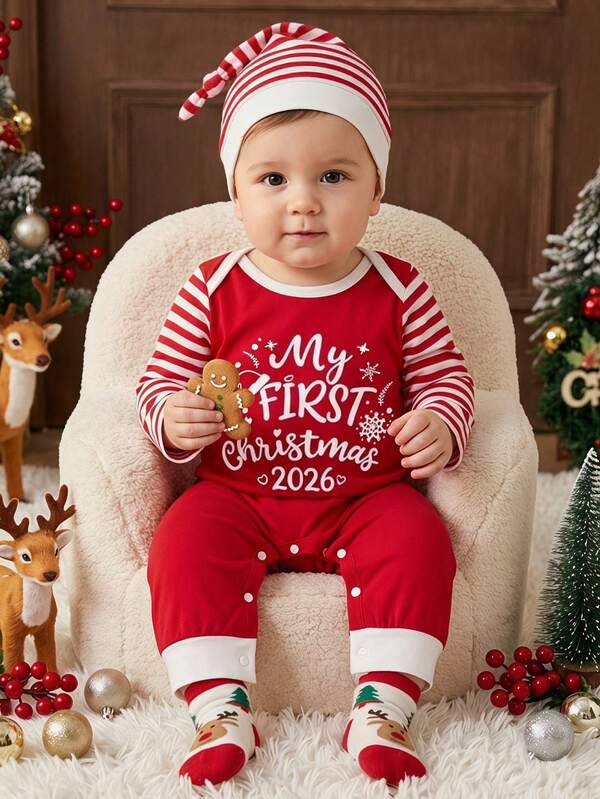 SHEIN Christmas Edition Baby & Toddler Boys Round Neck Letter Print Striped Patchwork Long Sleeve Open Crotch Bodysuit, Specially Designed, Perfect For Outdoor Wear