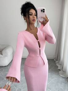 SHEIN Elenzya Women's Autumn/Winter Pink Knitted Sweater & Skirt 2-Piece Set, Light Pink New Chinese Style Frog Button Knitted Set, Gentle Minimalist Sexy Style, Early Spring Outfit For Dating, Spring Outing, Birthday, Flattering Flare Sleeve Cardigan, High Waist Wide Leg Long Skirt, Commuter Atmosphere, Bestselling Inner Layer, Women's Office Wear, Women's Commuter Set, Outdoor Outfit, Wearable Knitted Set - Baby Pink - View 6