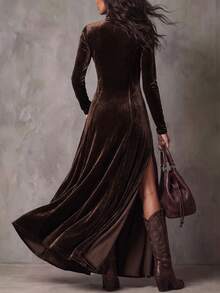 LUMIGAL Women's Round Neck Cinched Waist Split Hem Brown Faux Suede Bohemian Dress, Elegant Commuter Style For Spring And Autumn - Brown - View 2