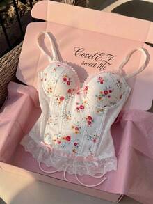 CovetEZ Floral Print Lace Patchwork Underwire Bow Decor Molded Cup Camisole Top - White - View 2