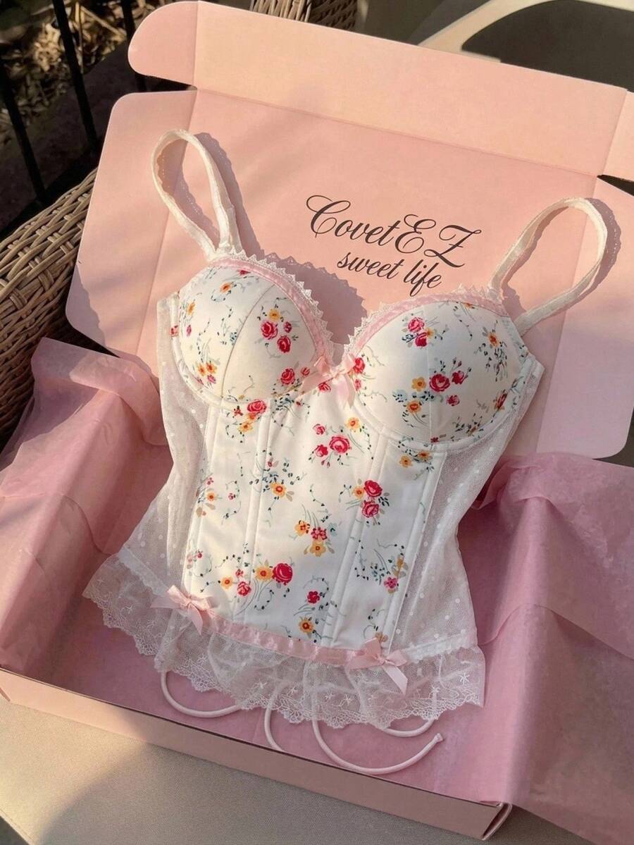 CovetEZ Floral Print Lace Patchwork Underwire Bow Decor Molded Cup Camisole Top