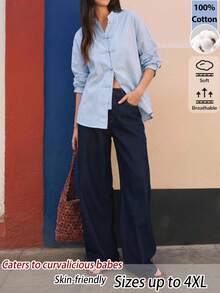 EastFlair Plus Size Fashionable Blue Long-Sleeved Stand-Up Collar Chinese Style Shirt, Breathable Top, Unique Frog Button Design, Soft And Skin-Friendly - Baby Blue - View 3