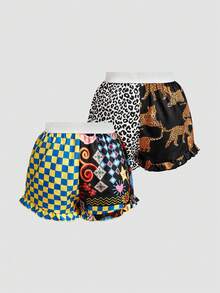Chillnights Young Colorblock Leopard Print & Sun Graphic Frill Trim 2 Pieces Women's Pajama Bottoms - Multicolor - View 2