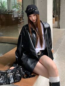 DAZY Jaket Lengan Panjang Gaya Jalanan Korea Wanita dengan Resleting dan Gesper Logam untuk Liburan Musim Gugur - Hitam - View 7