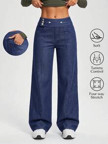 Flexra Women's Straight Leg Denim Jeans With Waist Button Design And Pockets Night Holiday Dark Blue Summer Casual - Blue - View 1