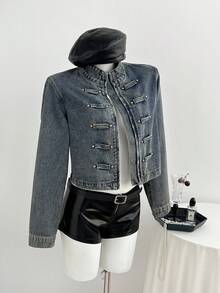 Elamini Festival Standard Size Women's Blue Non-Stretch Long Sleeve Denim Jacket - Medium Wash - View 4