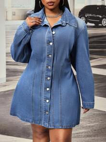 Slaydiva Plus Size Cowgirl Outfit Blue Non-Stretch Button-Front Sexy Fitted Dress For Women - Medium Wash - View 2