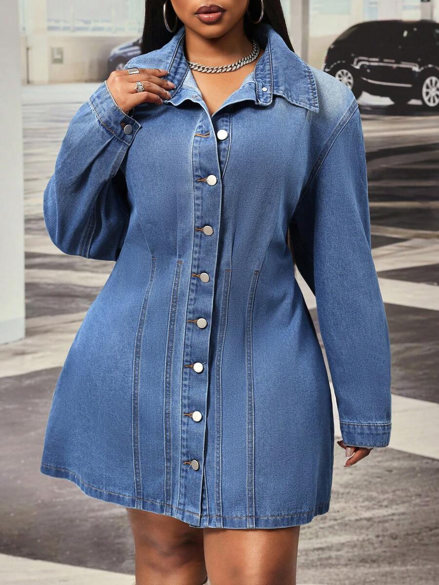Slaydiva Plus Size Cowgirl Outfit Blue Non-Stretch Button-Front Sexy Fitted Dress For Women