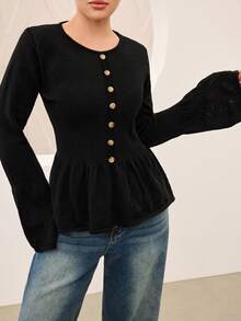 Graceveil Women's Autumn/Winter Casual Solid Color Bell Sleeve Sweater - Black - View 5