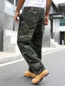 GALLERY FADE 男士街頭風休閒拼接腰帶迷彩牛仔長褲 - 軍綠色 - 查看 2