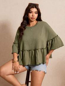 Elaquor Plus Size Solid Color Loose Fit Ruffle Trim T-Shirt Women's Tops And Blouses Casual Simple Boho Outfits Vacation Olive Green Summer - Green - View 7