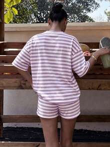 Tween Girl Tween Girl Casual Minimalist Striped Pattern Short Sleeve & Shorts 2 Pieces Set, Suitable For S - White - View 5