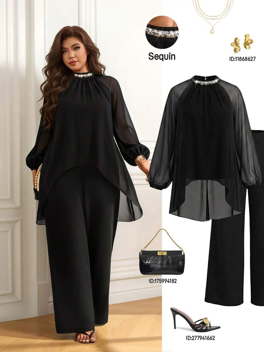 Femmeverse Women's Plus Size Ruched Halter Neck Sequin Patchwork Raglan Long Sleeve 2-Piece Set High Waist Loose Wide Leg Pants Outfit Fall - Black - View 1