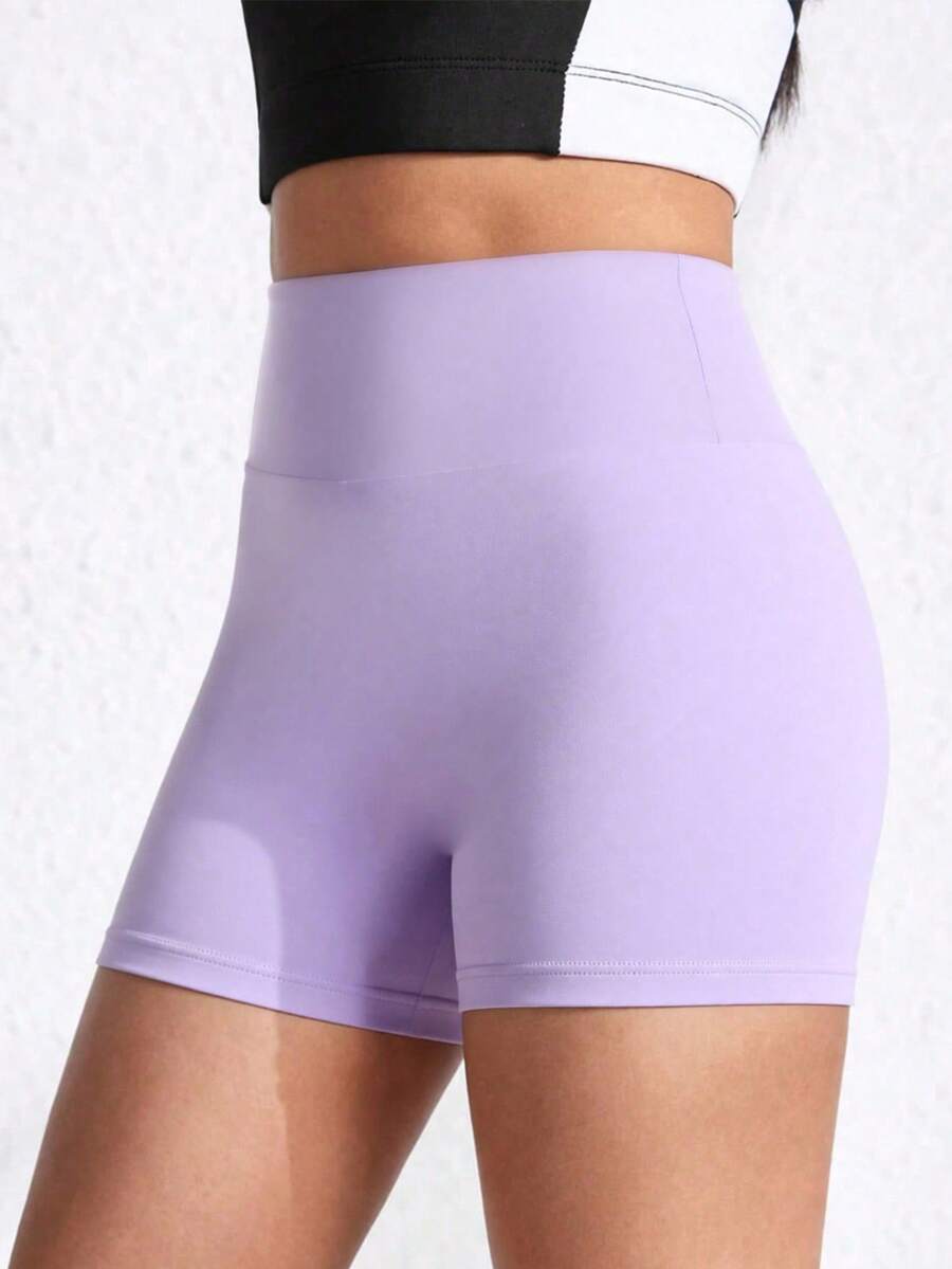 Teen Girls' Purple High-Waist Athletic Shorts, Made From High-Stretch Form-Fitting Fabric With A Sleek And Supportive Design, Perfect For Spring And Summer Activities Including Running, Gym Workouts, And Casual Sporty Wear - Purple - View 1
