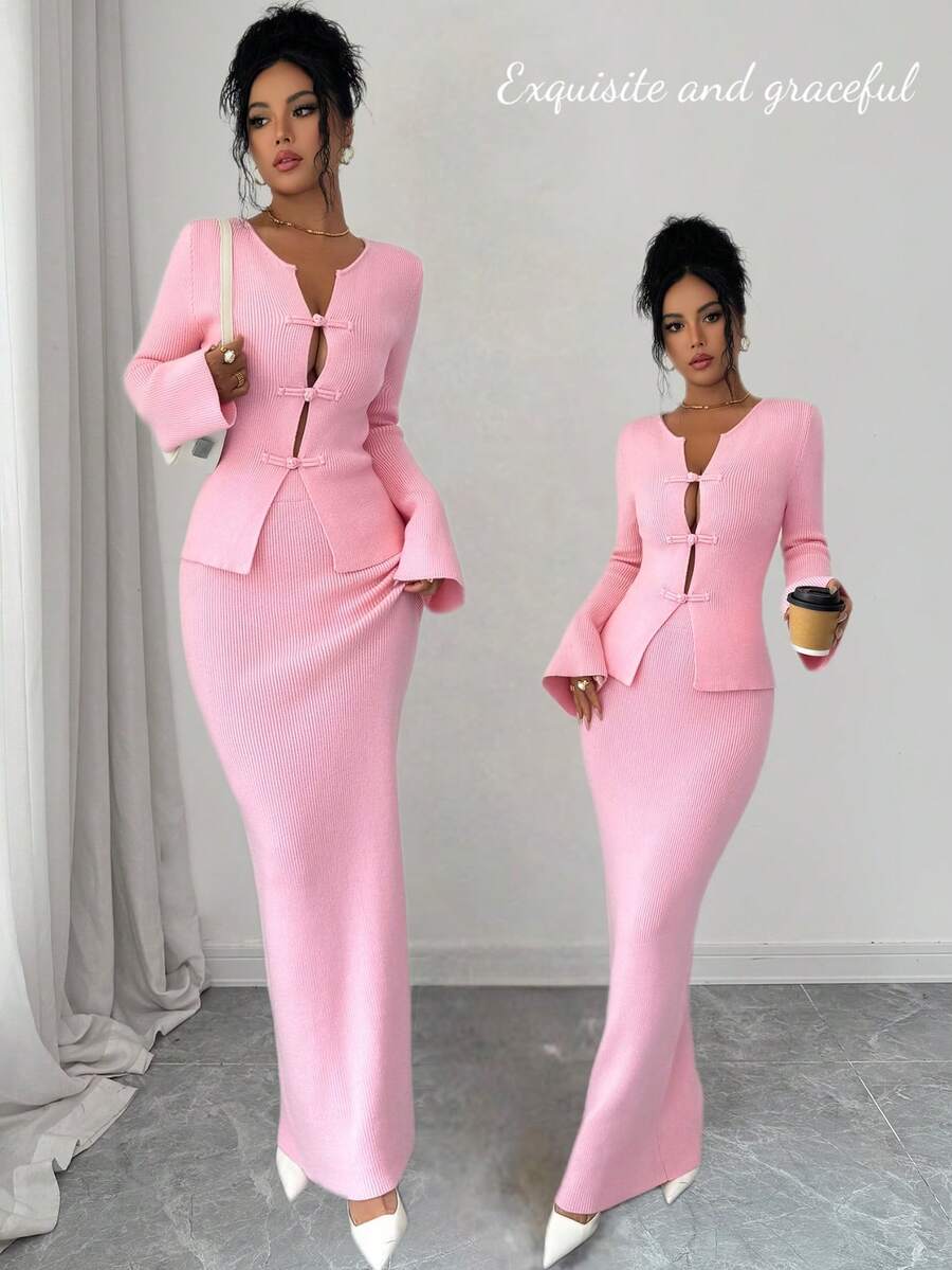 SHEIN Elenzya Women's Autumn/Winter Pink Knitted Sweater & Skirt 2-Piece Set, Light Pink New Chinese Style Frog Button Knitted Set, Gentle Minimalist Sexy Style, Early Spring Outfit For Dating, Spring Outing, Birthday, Flattering Flare Sleeve Cardigan, High Waist Wide Leg Long Skirt, Commuter Atmosphere, Bestselling Inner Layer, Women's Office Wear, Women's Commuter Set, Outdoor Outfit, Wearable Knitted Set - Baby Pink - View 1