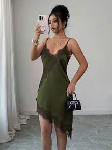 Rafferiza 女款優雅蕾絲拼接緞面細肩帶洋裝，適合度假與約會穿搭 - 軍綠色 - 查看 6