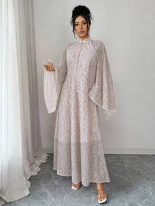 Rafferiza Gaun Wanita Gaya Arab, Sari Chiffon Bermotif Gelombang Air Geometris, Kerah Tegak Kecil Longgar Aneka Warna, Lengan Mengembang - Putih - View 4