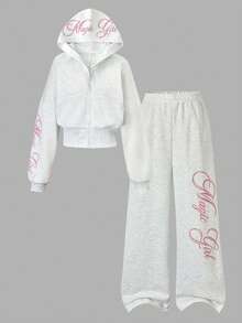 SHEIN 青少年女孩連帽衫兩件套，拉鍊連帽衫，休閒，寬鬆，針織，返校季，復古，秋季服飾，秋季字母灰色女孩套裝，韓系Y2K - 灰色 - 查看 3
