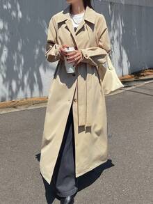 FRIFUL Women's Autumn Solid Khaki Belted Long Trench Coat - Khaki - View 5