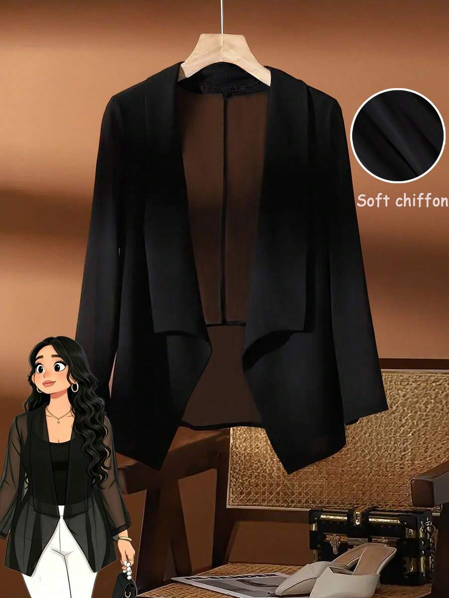 SHEIN Clasi 大码女式休闲雪纺透气开衫秋冬款,黑色,女款 - 黑色 - 查看 1