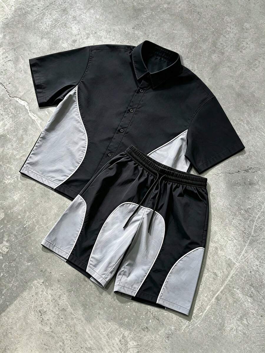 Manfinity Roghcode Men's Colorblock Short Sleeve Single-Breasted Shirt And Drawstring Waist Shorts Casual Set - Black - View 1