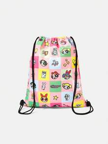 THE POWERPUFF GIRLS X SHEIN Color Block Grid Cartoon Character & Mini Element Print Drawstring Storage Backpack, Portable Drawstring Sack Bag For Sports Gym Travel Daily Carry - Cartoon-3 - View 5