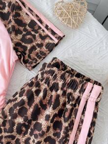 SHEIN Tween Girl Bow Print Leopard Short Sleeve T-Shirt And Long Pants Casual Daily Set - Multicolor - View 5