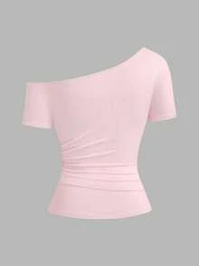 Whyspr Romantic Lace Multi-Piece Set Contrast Color Short Sleeve Asymmetrical Shoulder T-Shirt - Pink - View 5