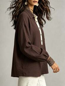 Linhara CURVE Kemeja Kancing Warna Blok Kasual Musim Gugur Ukuran Besar - Coffee Brown - View 3