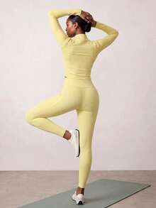 Zivah Women's Sportswear Set Zipper Long Sleeve Jacket & Long Pant With Pockets Gym Workout Activewear Outfit For Autumn Winter - Yellow - View 2