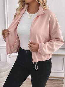 SHEIN Tall CURVE Plus Size Minimalist Zipper Long Sleeve Pocket Drawstring Sweatshirt - Baby Pink - View 3