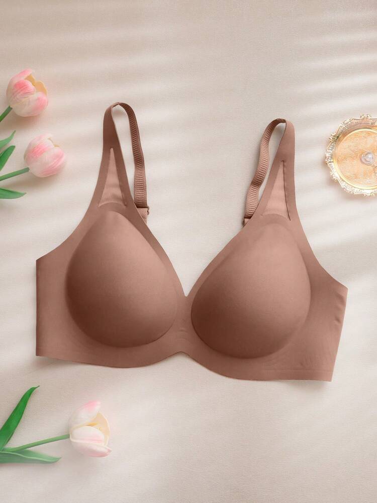 SHEIN حمالة صدر نسائية بدون أسلاك بدون خياطة بياقة على شكل حرف V، دفع للأعلى، دعم ناعم من الجيلي، مريحة، لون موحد، شبكة مفرغة، مع أكواب مصبوبة، 1 قطعة - بني - مشاهدة 4
