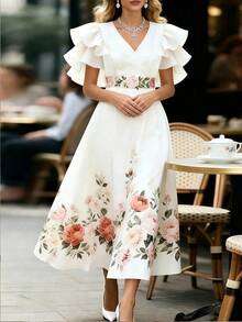 SHEIN LUNE Vestido elegante con volantes en capas y dobladillo, adecuado para ir al trabajo - Blanco - Ver 6