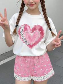 Tween女孩休閒可愛甜美紋理珍珠愛心印花拼接短袖短褲兩件套，適合夏季，圖案舒適女孩套裝，Y2K復古度假返校風 - 彩色 - 查看 2
